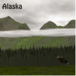 Emerald Alaska Standing Photo Sculpture<br><div class="desc">A "primitive" or folk style digital painting of green conifer trees and mountains in Alaska on a very grey and cloudy day.  A bull moose (Alces alces) in the foreground lends scale to the scene. Customisable text reading,  "Alaska" also appears.</div>