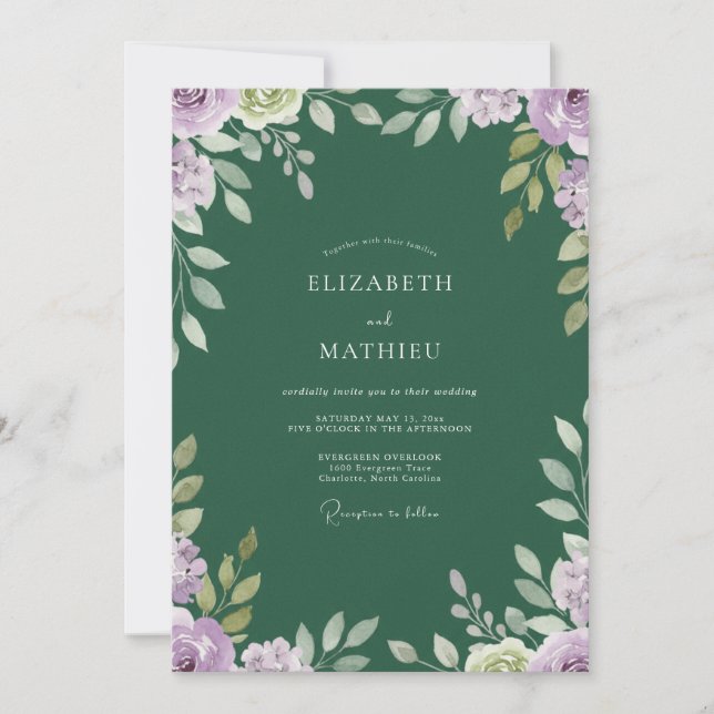 Emerald Amethyst Leafy Wedding Invitation (Front)