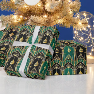 Emerald and Black Art Deco Holiday Pattern Wrapping Paper