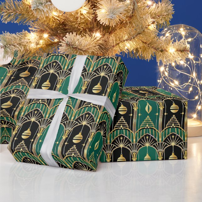 Emerald and Black Art Deco Holiday Pattern Wrapping Paper (Holidays)