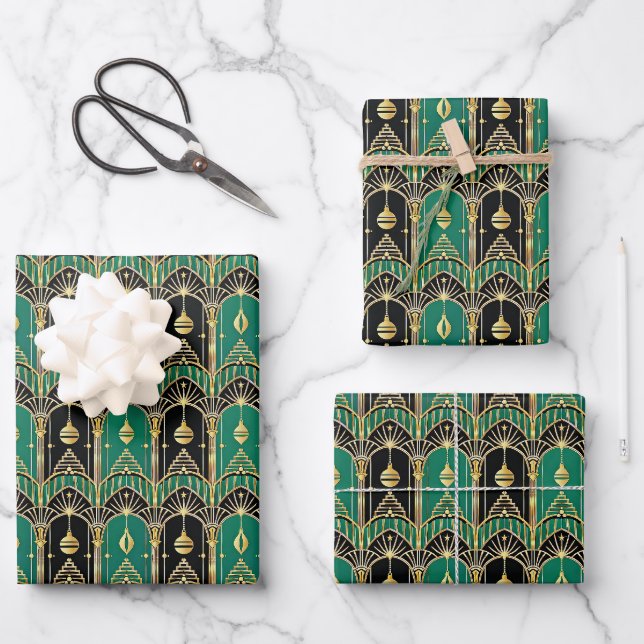 Emerald and Black Art Deco Holiday Pattern Wrapping Paper Sheet (Front)