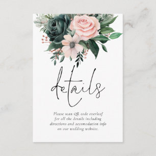 Emerald and Blush Florals QR Code Wedding Details Enclosure Card