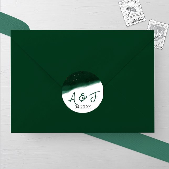 Emerald and Bronze Watercolor Wedding Classic Round Sticker (Creator Uploaded)