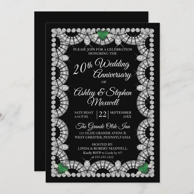 Emerald and Diamond 20th Wedding Anniversary Party Invitation (Front/Back)