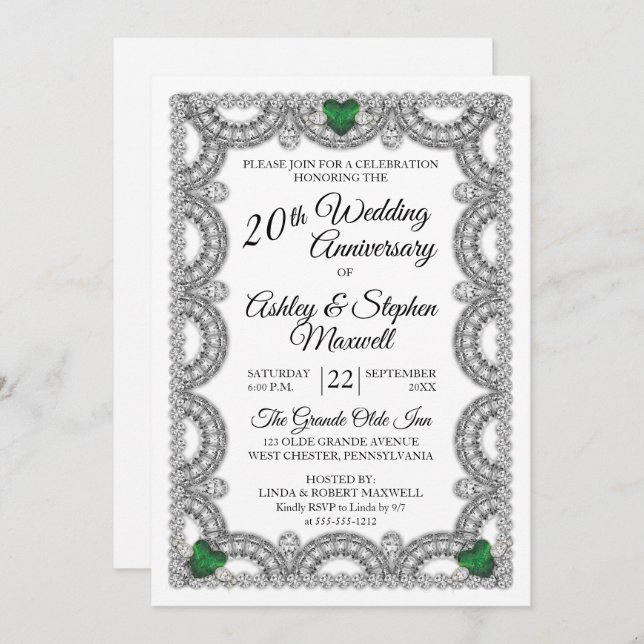 Emerald and Diamond 20th Wedding Anniversary Party Invitation (Front/Back)