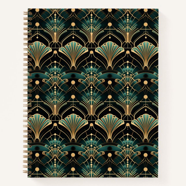 Emerald and Gold Accent Art Deco-inspired Notebook (Front)