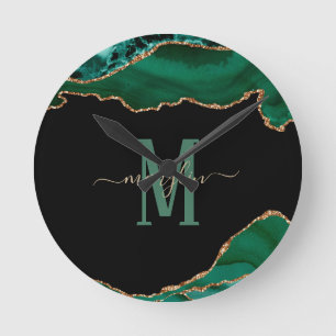 EMERALD AND GOLD AGATE MONOGRAM ROUND CLOCK