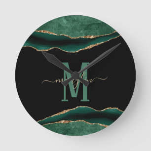 EMERALD AND GOLD AGATE MONOGRAM ROUND CLOCK