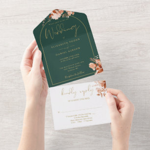 Emerald  And Gold Arch Rustic Floral Fall Wedding All In One Invitation