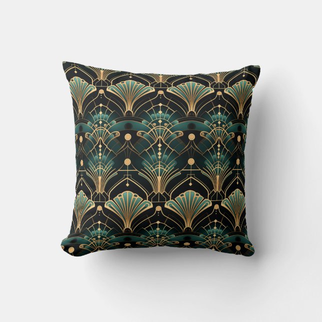 Emerald and Gold Art Deco-inspired Fan Cushion (Front)