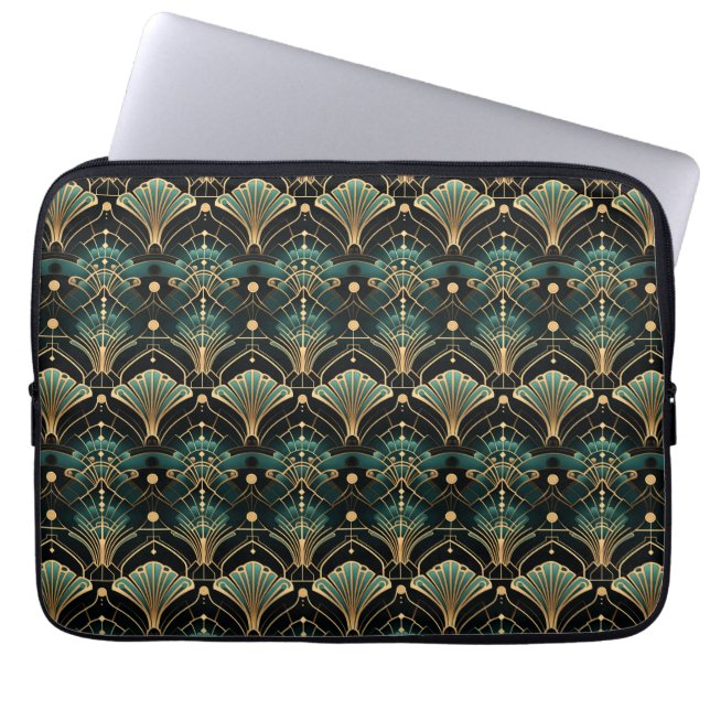 Emerald and Gold Art Deco-inspired Fan Laptop Sleeve (Front)