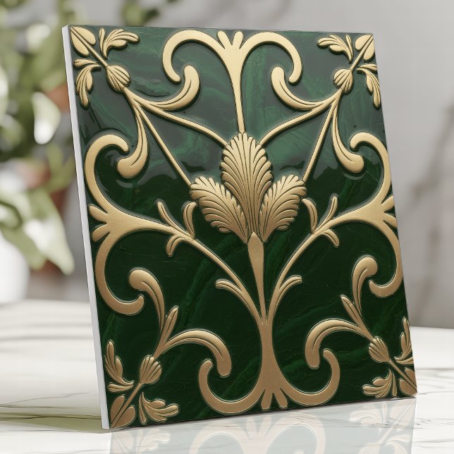 Emerald and Gold Art Nouveau Floral Ceramic Tile (Creator Uploaded)