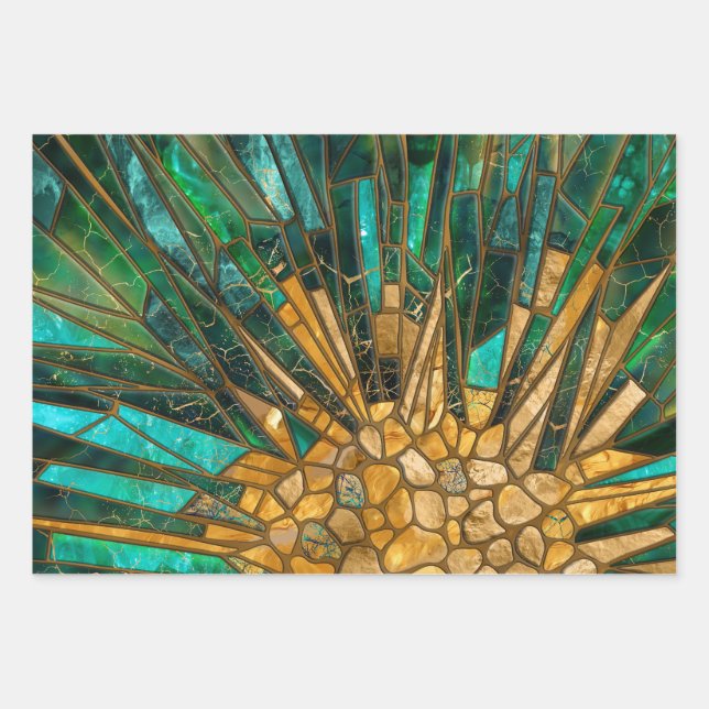 Emerald and gold cells mosaic abstract wrapping paper sheet (Front)