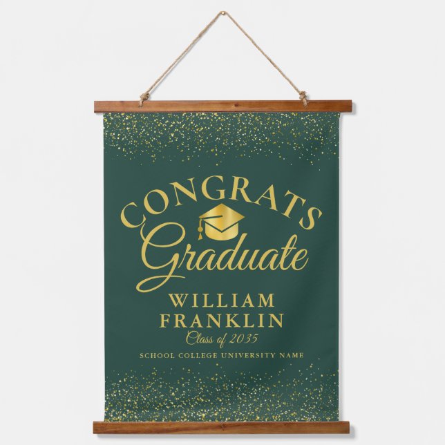 Emerald And Gold Congrats Graduate Graduation Hanging Tapestry (Front)