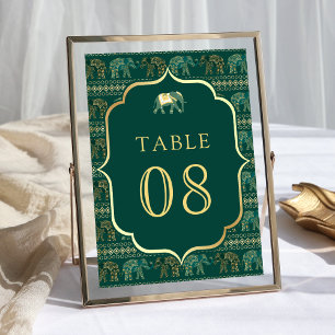 Emerald and Gold Elephant Indian Wedding Table Number