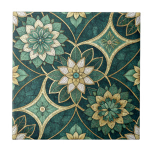 Emerald and Gold Floral Mandala - Ornamental Ceramic Tile