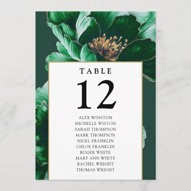 Emerald And Gold Floral Table Number Seating Chart (Front)
