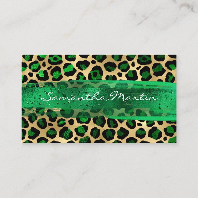 Emerald and Gold Foil Leopard Brush Stroke Business Card (Front)