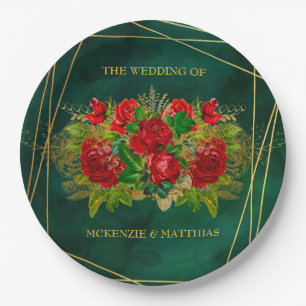 Emerald and Gold Geometric With Red Florals Paper Plate
