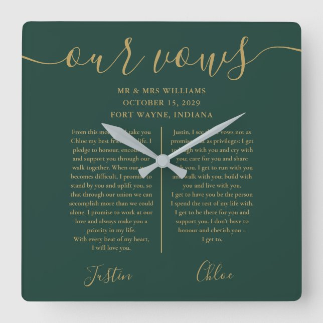 Emerald And Gold His And Hers Wedding Vows Square Wall Clock (Front)