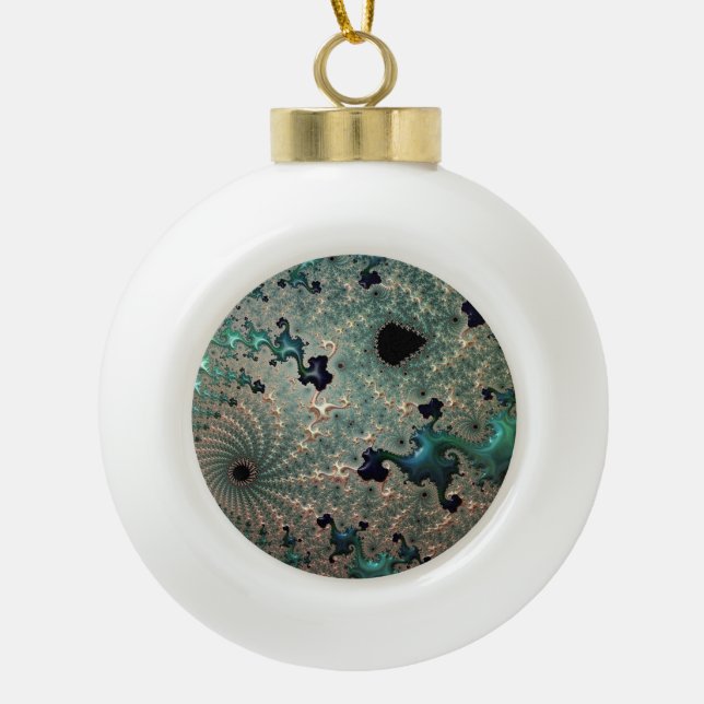 Emerald and Gold Mandelbrot Snowflake Decoration (Front)
