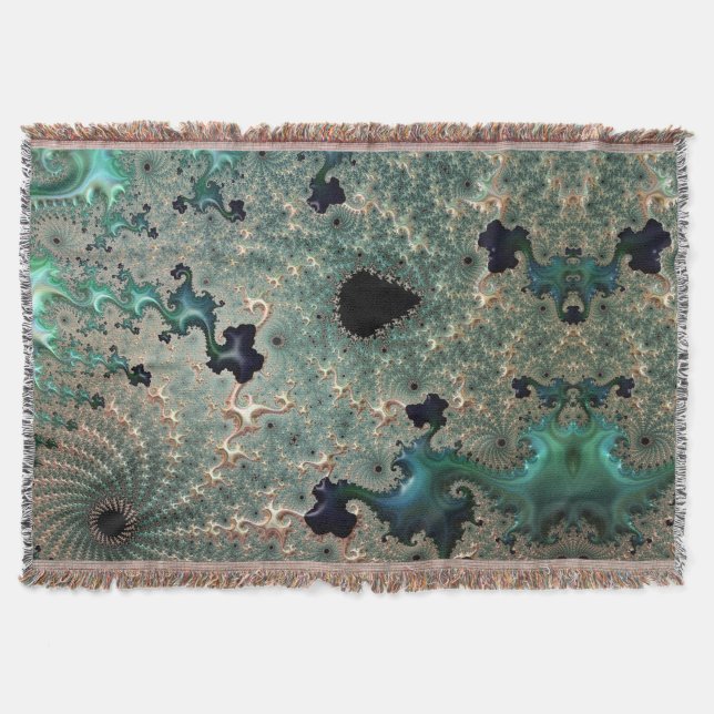 Emerald and Gold Mandelbrot Throw Blanket (Front)