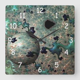 Emerald and Gold Mandelbrot with Sphere Square Wall Clock