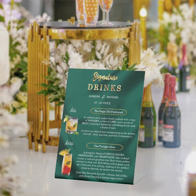 Emerald and Gold Minimal Wedding Signature Drinks Pedestal Sign (Creator Uploaded)