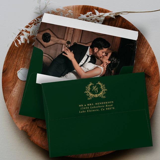 Emerald and Gold Monogram Crest Wedding Photo Envelope (Creator Uploaded)