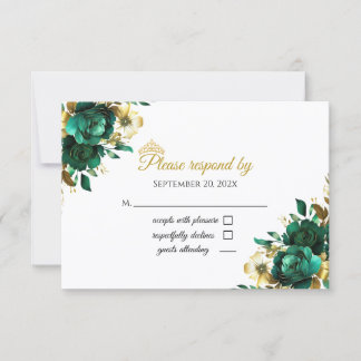 Emerald and Gold Quinceñera RSVP card