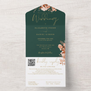 Emerald And Gold Rustic Floral QR Code Wedding All In One Invitation