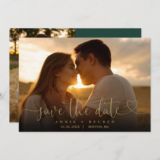 Emerald And Gold Script Photo Wedding QR Code Save The Date (Front/Back)