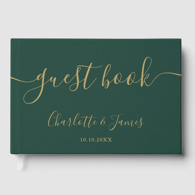 Emerald And Gold Signature Script Photo Wedding Guest Book (Front)
