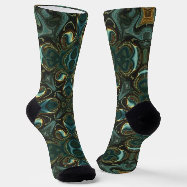 Emerald and Gold Symmetrical Abstract Mandala Socks (Angled)