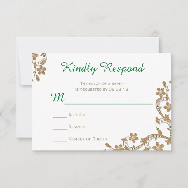 Emerald and Gold Wedding RSVP Card (Front)