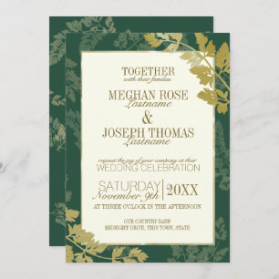 Emerald and Golden Leaf Wedding Invitation