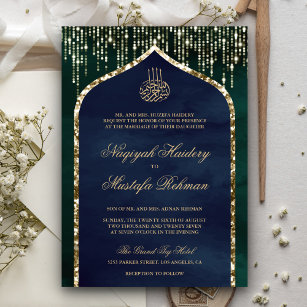 Emerald and Navy Gold Glitter Arch Muslim Wedding Invitation
