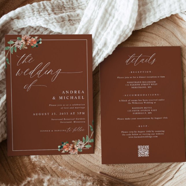 Emerald and Rust Burnt Orange Floral Wedding Invitation (Emerald, Rust and Burnt Orange Floral Wedding Invitations for Fall or Winter Wedding)