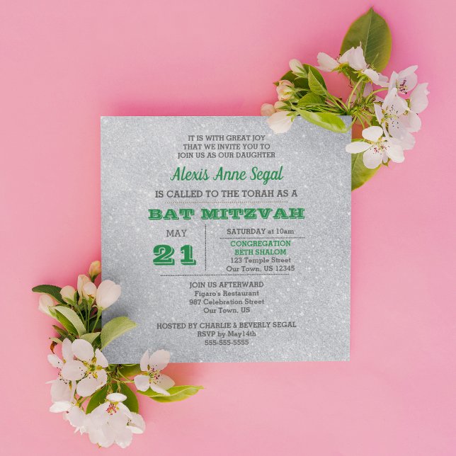 Emerald and Silver Glitter Glam Bat Mitzvah Invitation (Creator Uploaded)