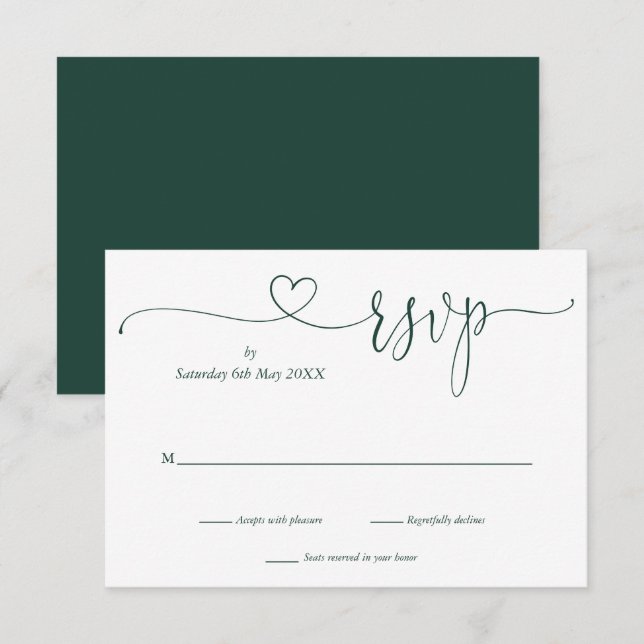 Emerald And White Script Heart  RSVP Card (Front/Back)