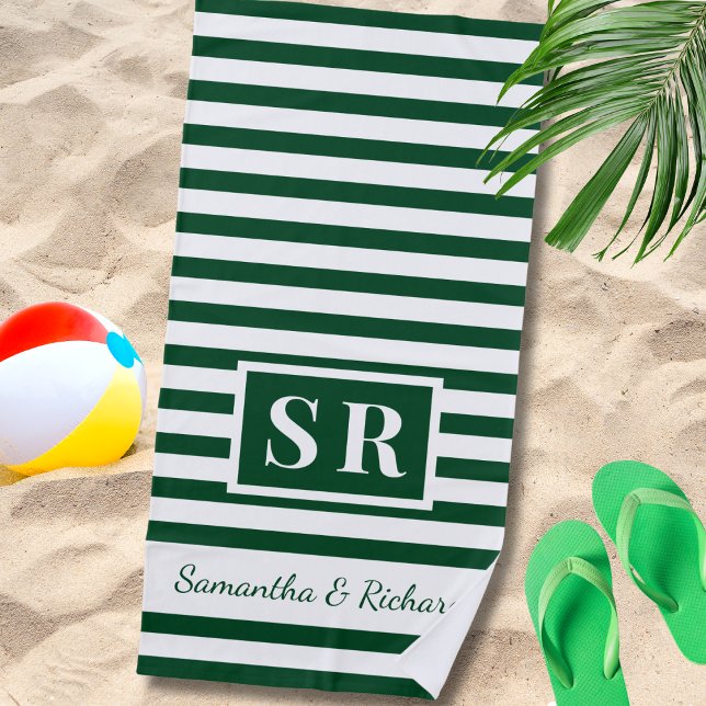 Emerald And White Striped Monogram Wedding Couple Beach Towel (Creator Uploaded)