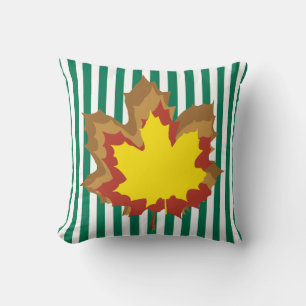 Emerald Autumnal Stripes with Leaves Cushion