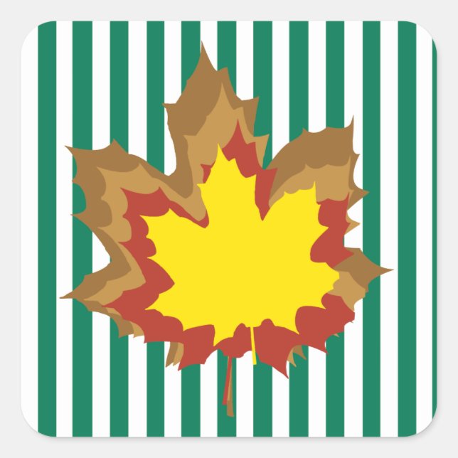 Emerald Autumnal Stripes with Leaves Square Sticker (Front)