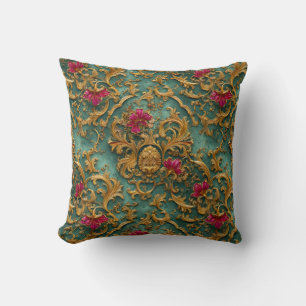 Emerald Baroque Floral with Gold Ornaments Cushion