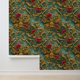 Emerald Baroque Floral with Gold Ornaments Wallpaper