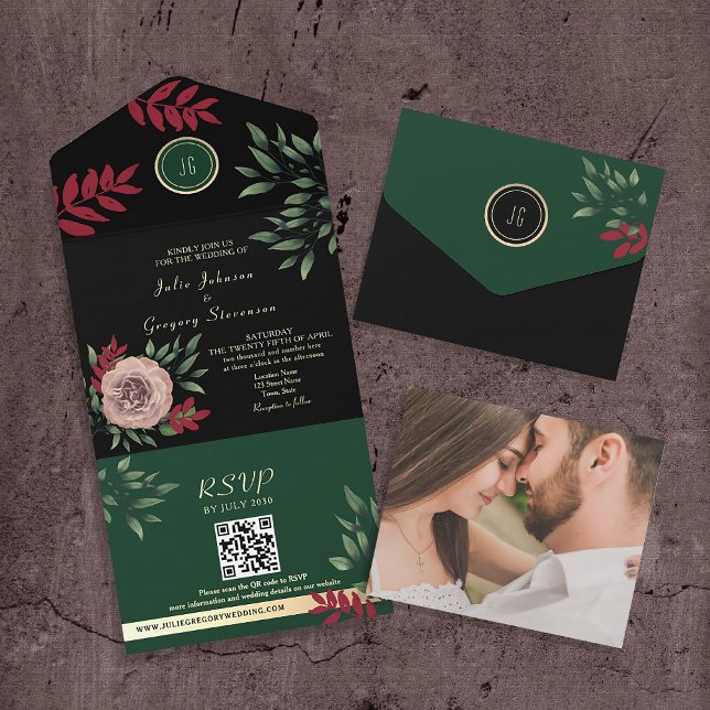 Emerald Black Burgundy Photo Wedding All In One Invitation (Creator Uploaded)