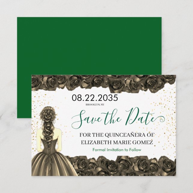 Emerald & Black Quinceañera Save the Date (Front/Back)