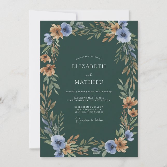 Emerald Blue Botanical Watercolor Wedding Invitation (Front)