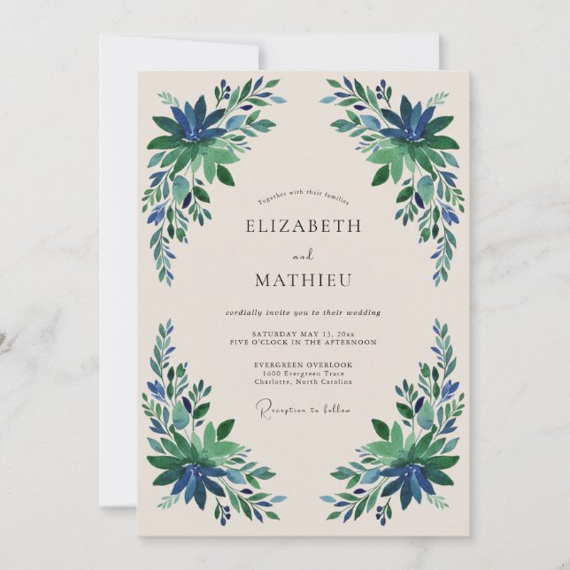 Emerald Blue Floral Flourish Wedding Invitation (Front)