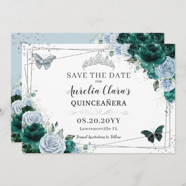 Emerald Blue Floral Silver Quinceanera XV Sweet 16 Save The Date (Front/Back)